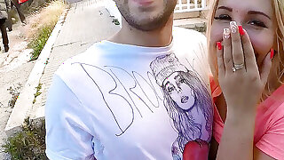 Kyra Hot fucks with a guy in public as an old couple manages to pass them by